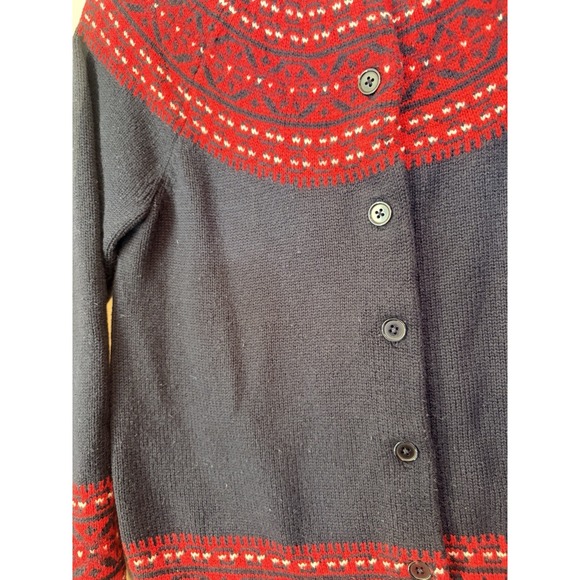 Talbots Women Navy Blue Red Fair Isle Lambswool Blend Knit Button Cardigan MedP - Picture 2 of 5